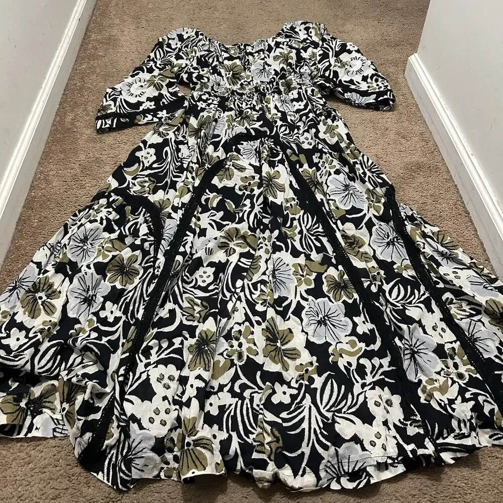Free People Printed Dixie V Neck 3/4 Sleeve Maxi Dress Size Medium Boho
